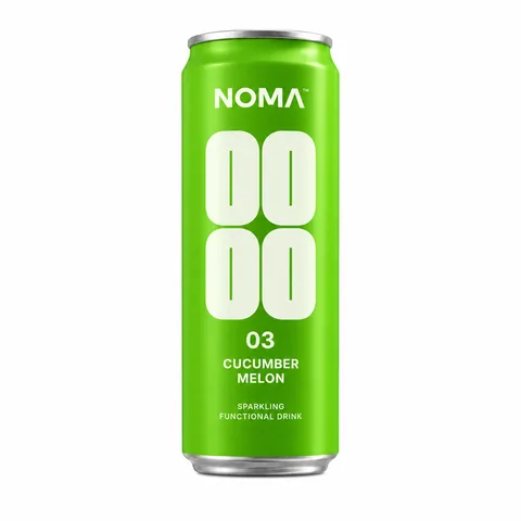Original green NOMA cucumber and melon can on white.