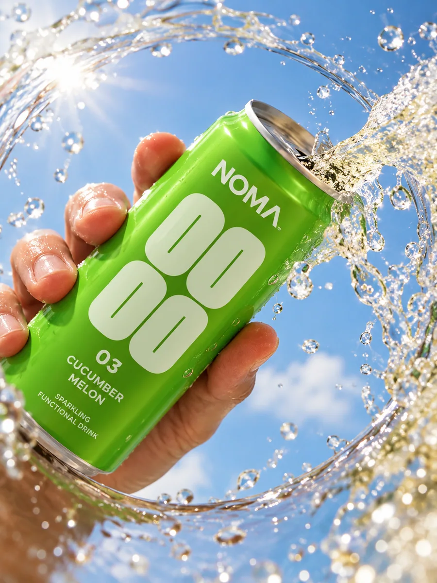 A hand holding a green NOMA can surrounded by a sparkling water splash against a blue sky.